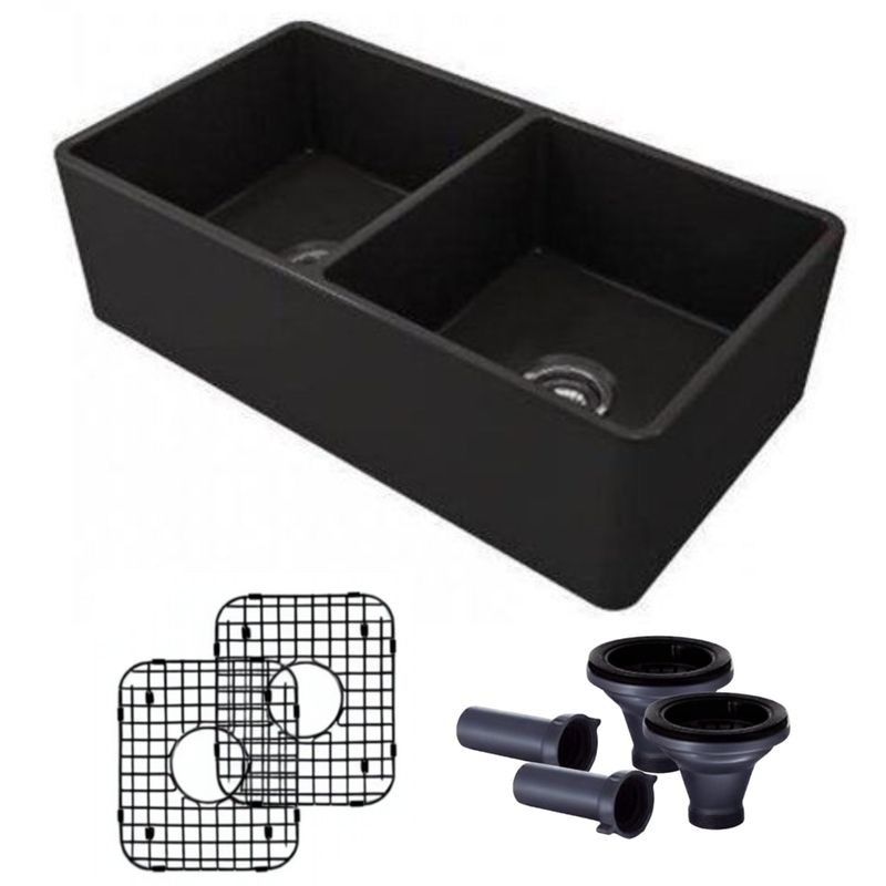 33x19 Tablier Double Evier de Cuisine Farmhouse en Granit Noir Composite 50/50 avec Grilles