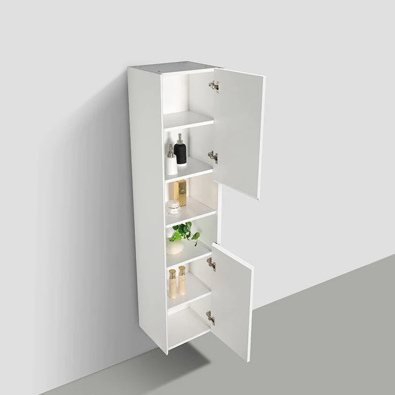 Evos Boutiques 16 in high gloss white side cabinet unit looking down doors open