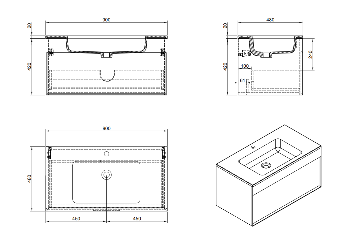 Evos Boutiques 36 in modern white vanity diagram