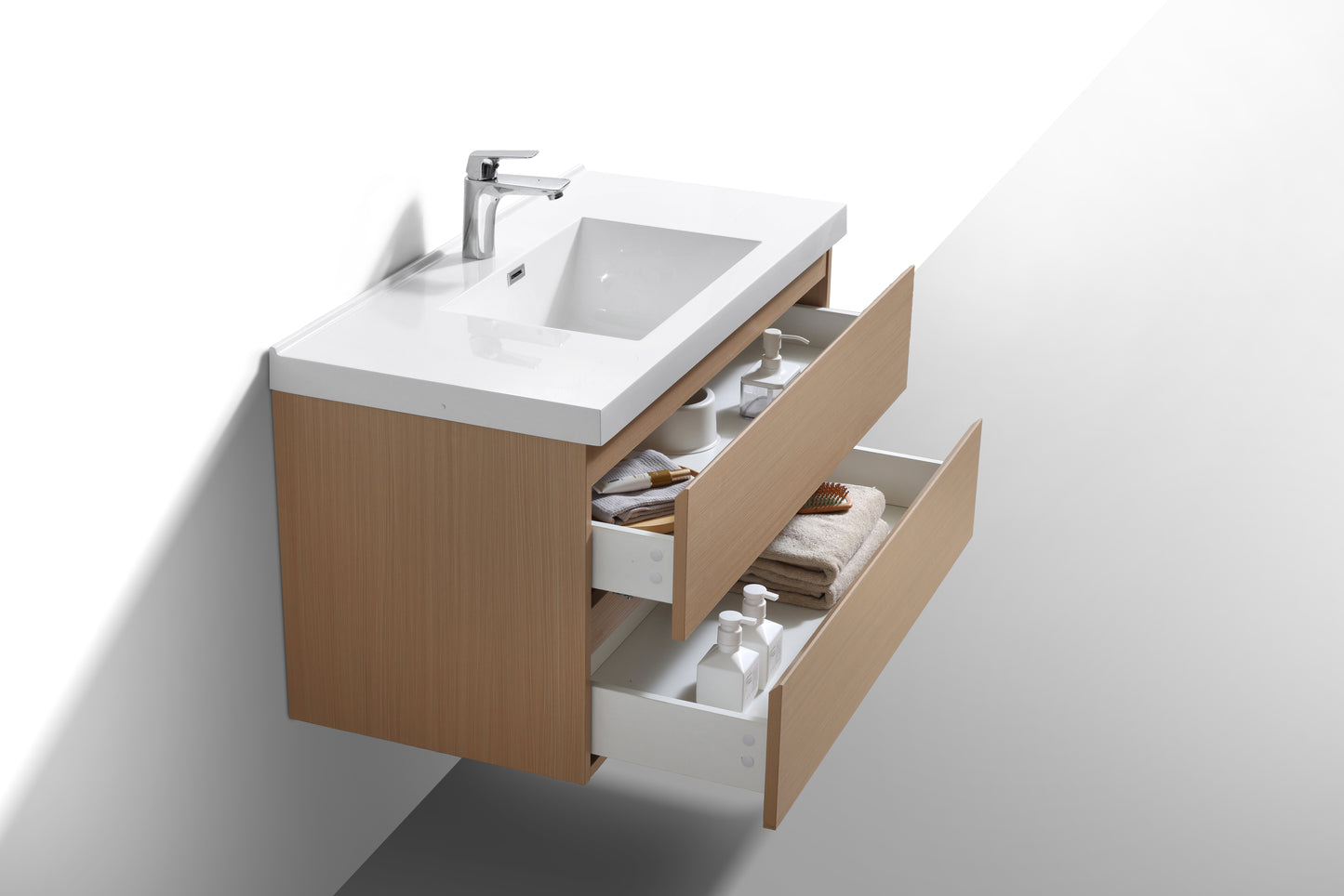 Evos Boutiques 40 in bamboo style vanity looking down doors open