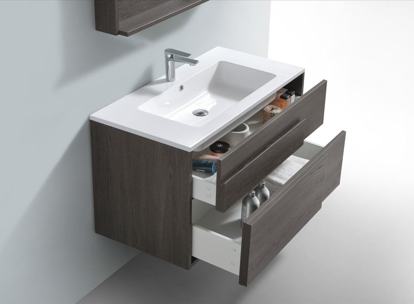 Evos Boutiques 40 in glossy white polymarble countertop in wall-mounted vanity close up doors open