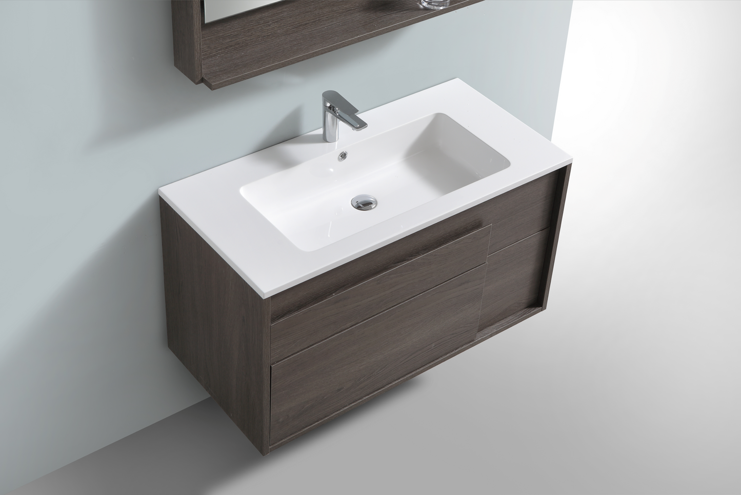 Evos Boutiques 40 in glossy white polymarble countertop in wall-mounted white vanity looking down