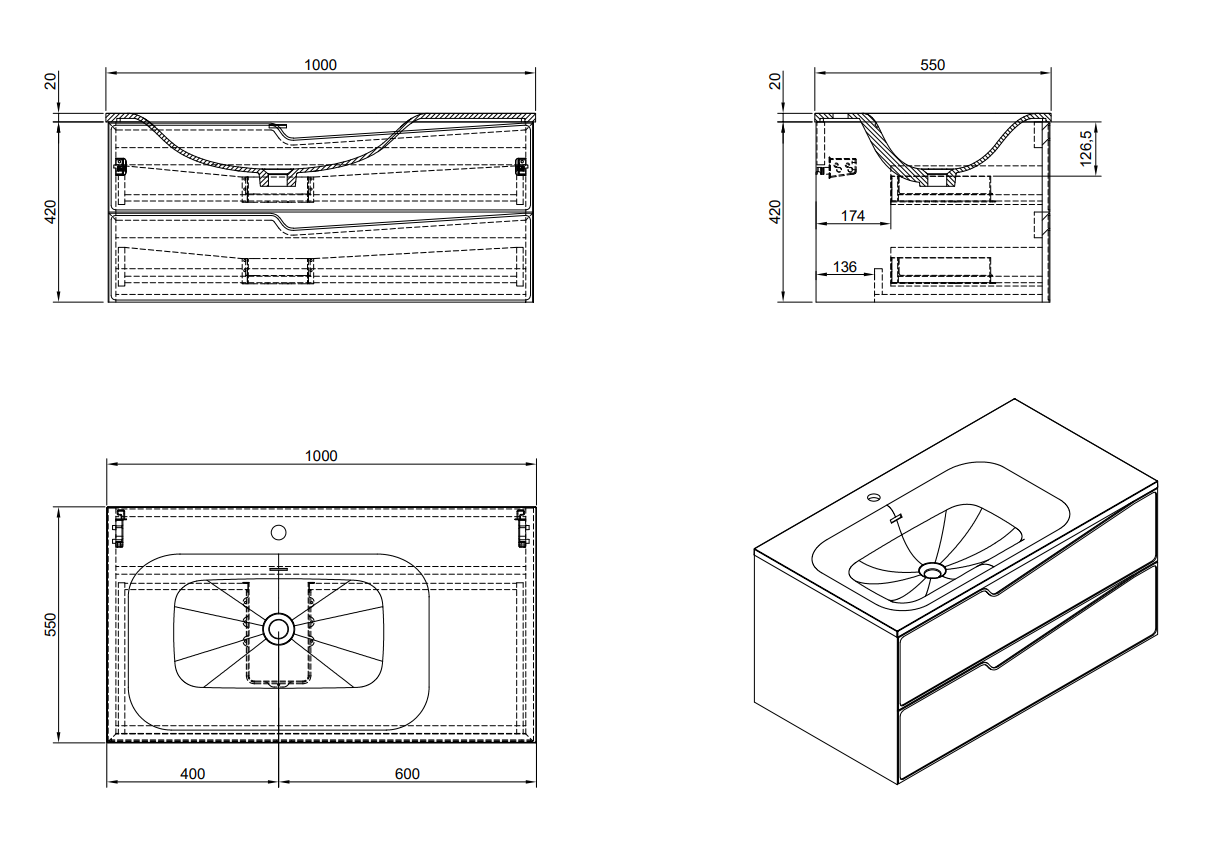 Evos Boutiques 40 in suspended vanity diagram