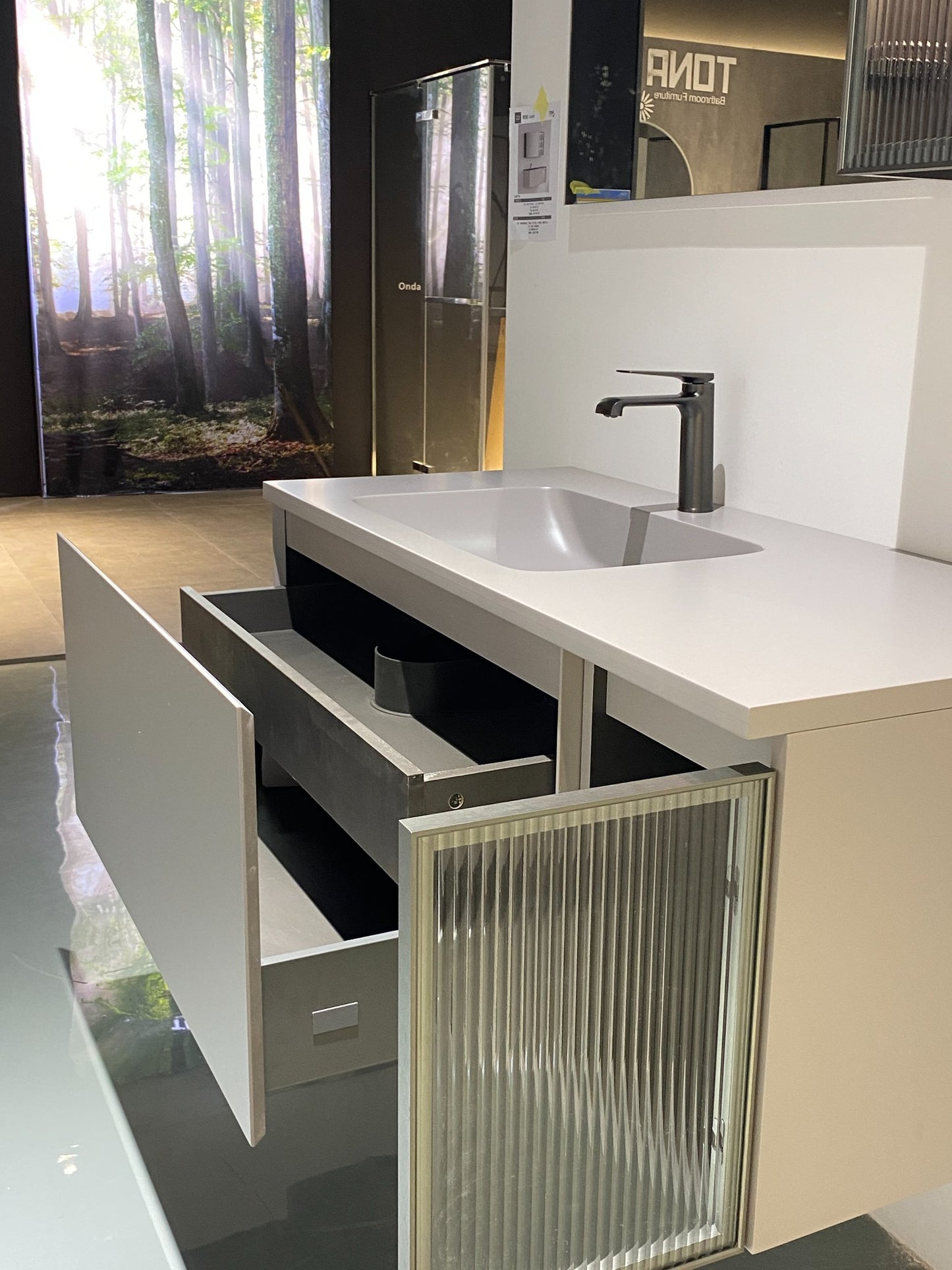 Evos Boutiques 48 in charcoal grey modern vanity drawer open