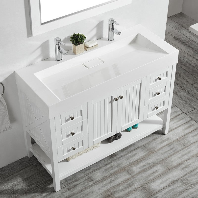 Evos Boutiques 48 in large white sink with 2 faucets looking down