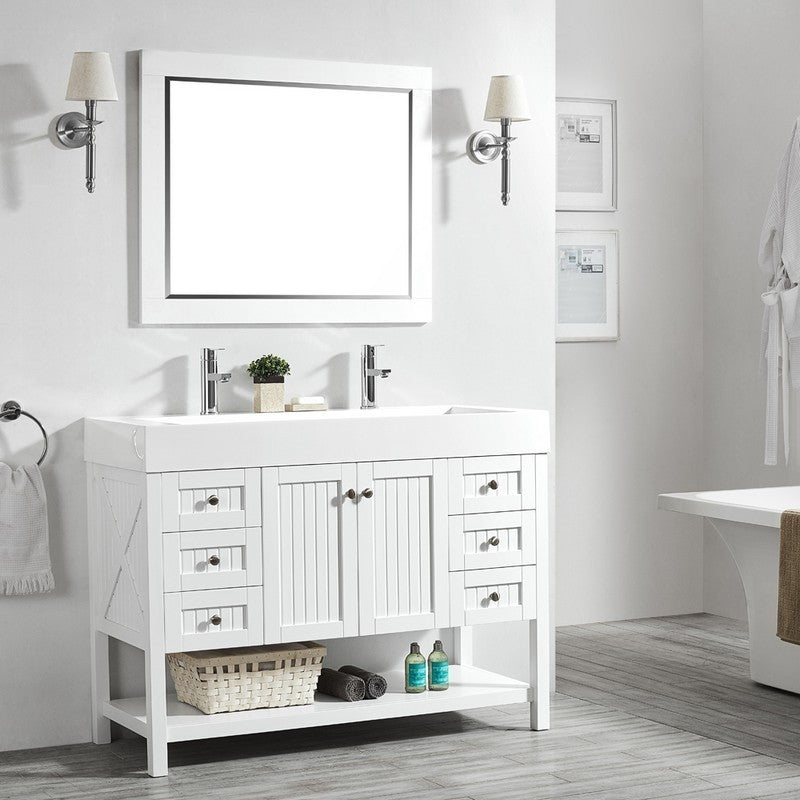 Evos Boutiques 48 in large white sink with 2 faucets side view
