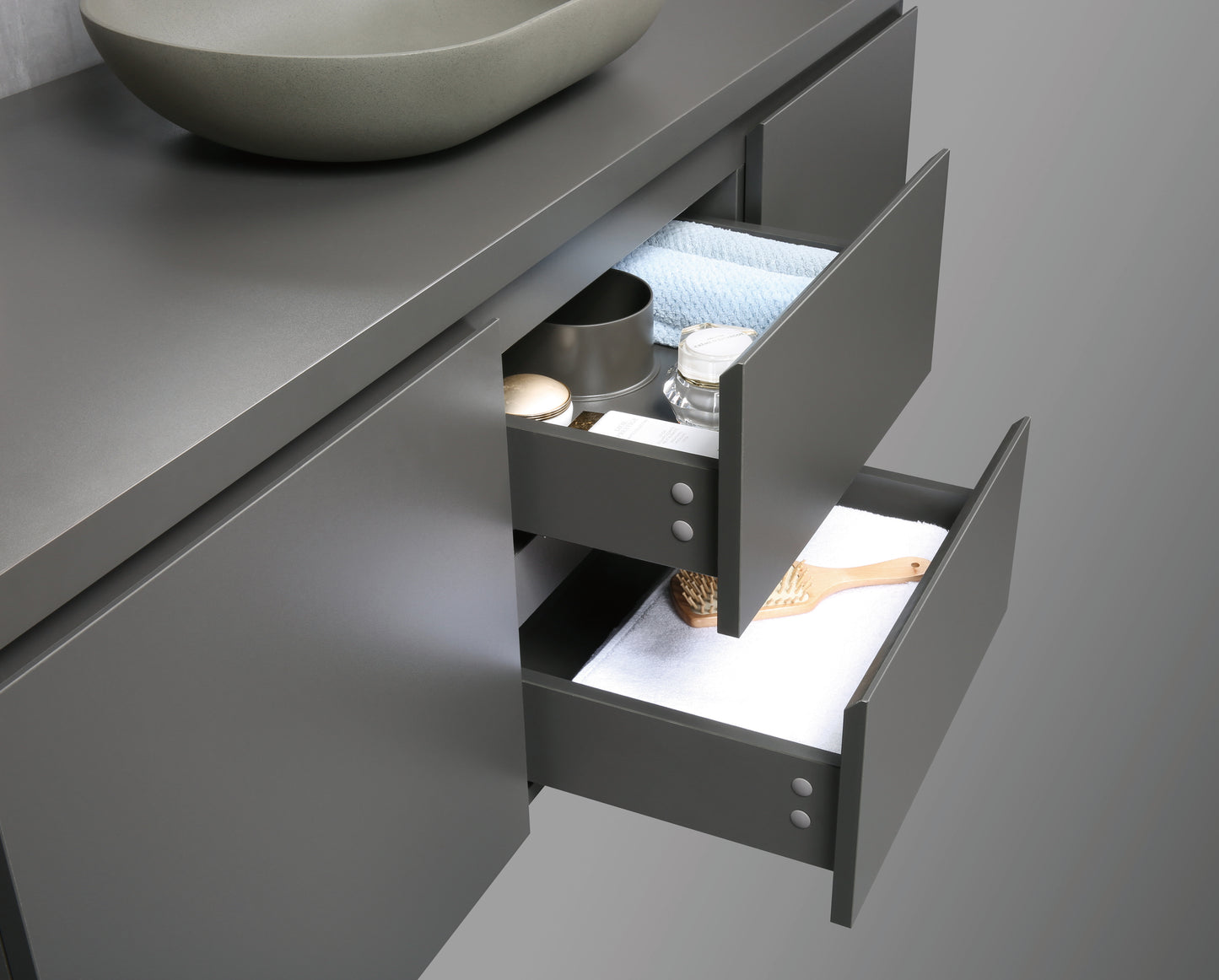 Evos Boutiques 60 in matte grey vanity drawer open