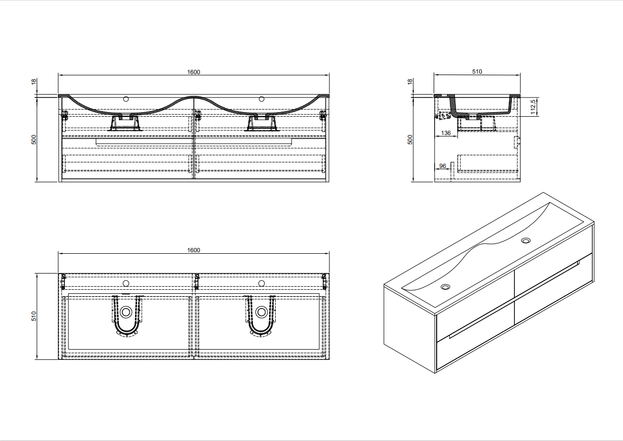 Evos Boutiques 63 in white modern vanity diagram