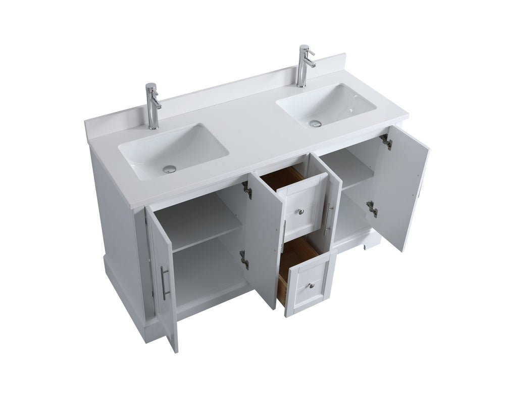 Evos_Brand_Vanity_Elegante White Double Vanity Top View and Open Drawers