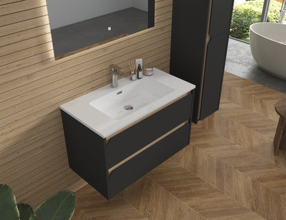 Elite 36" Wall-Mounted Vanity — Matte Black & Natural Oak