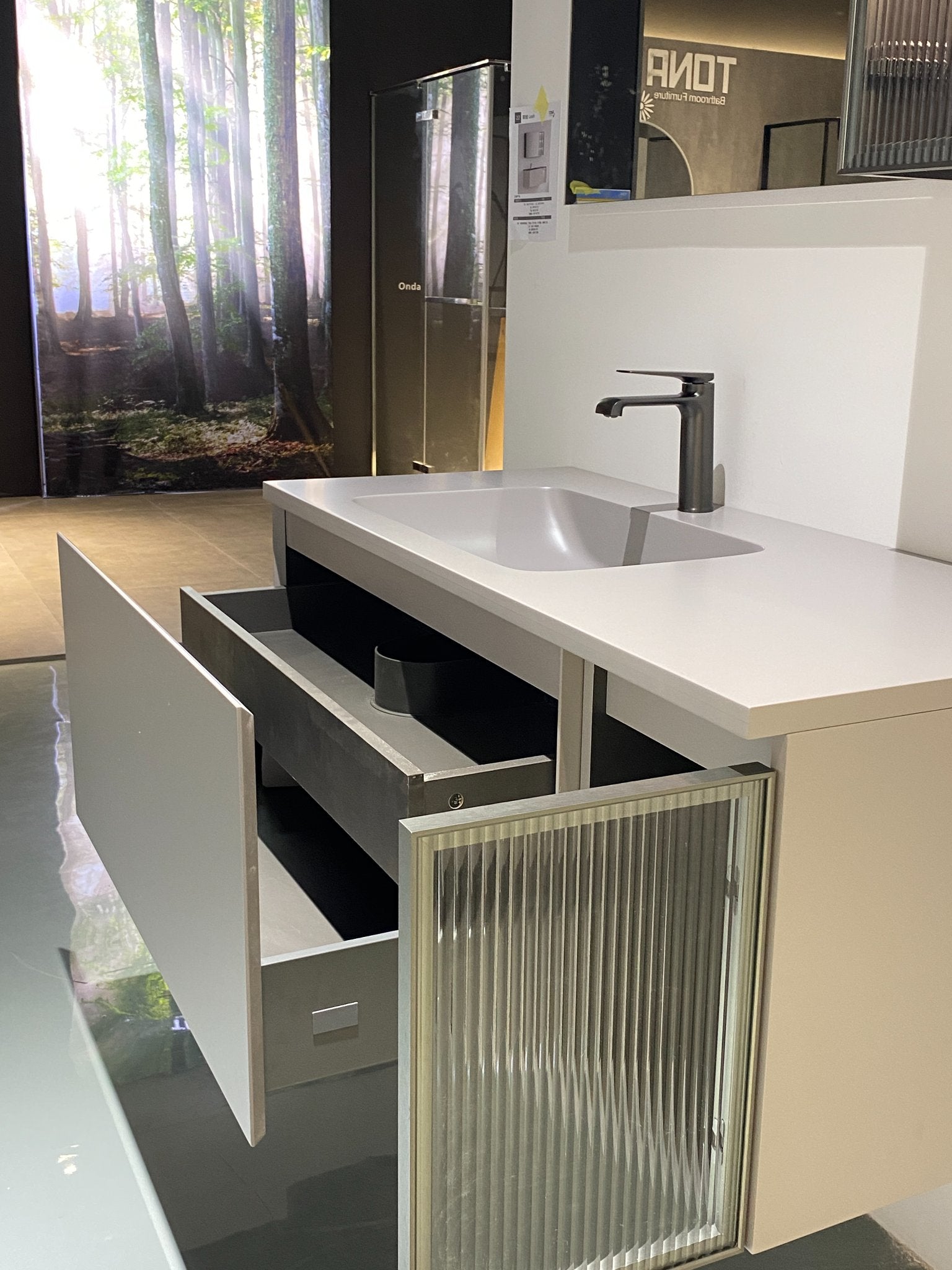 Evos Boutiques 48 in charcoal grey modern vanity drawer open