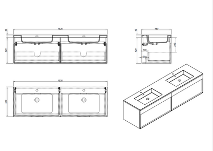 Evos Boutiques 60 in modern grey double sink vanity diagram