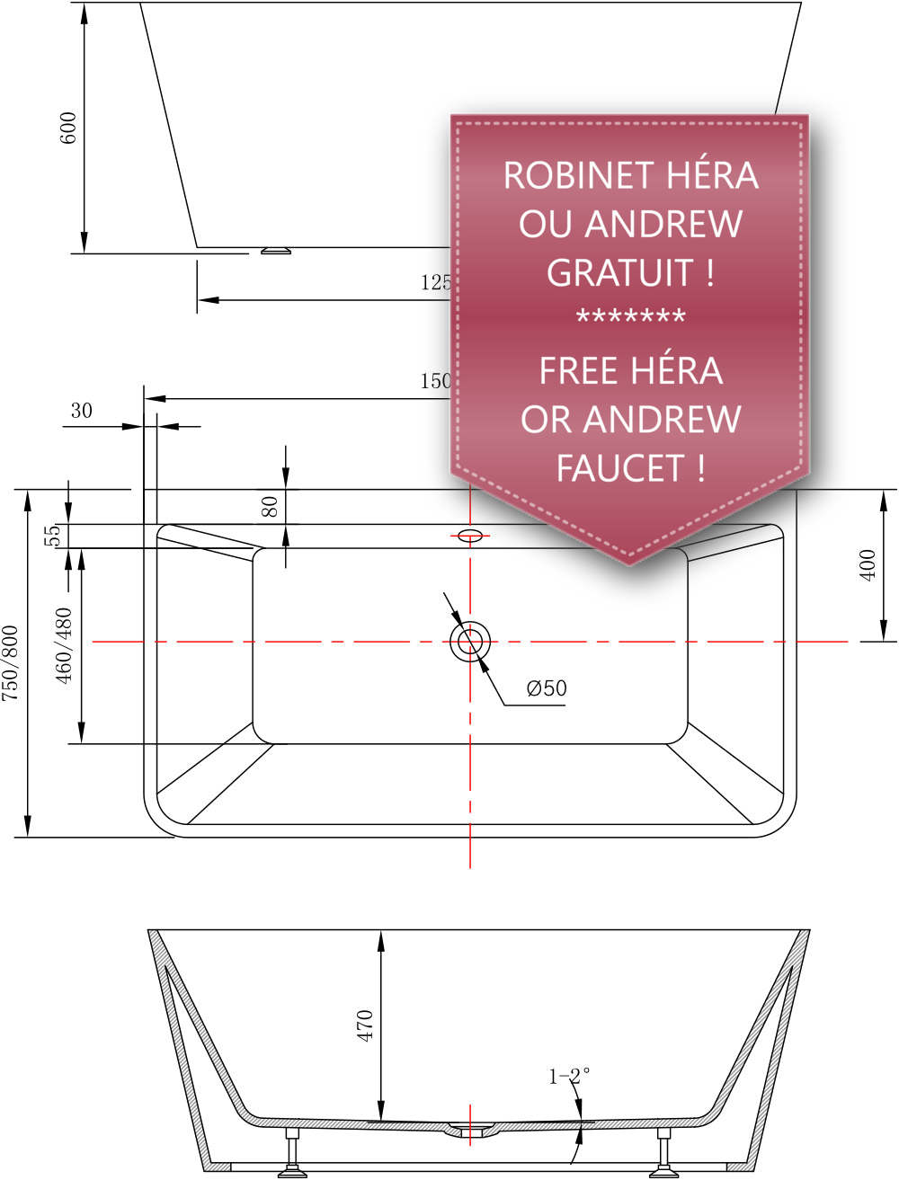 Evos Boutiques 70 in white sleek bathtub 67 x 31.5 x 23 in  diagram