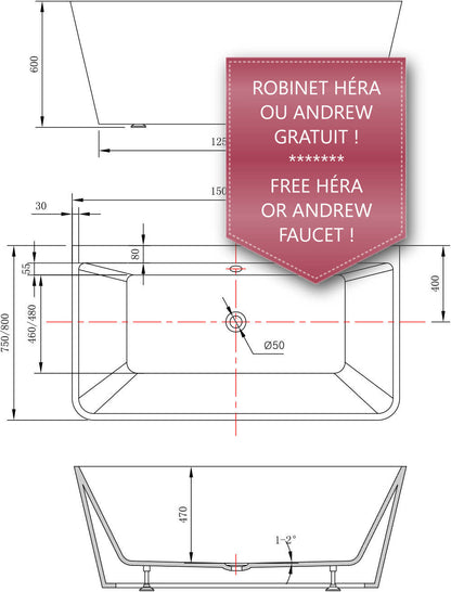 Evos Boutiques 70 in white sleek bathtub 67 x 31.5 x 23 in  diagram