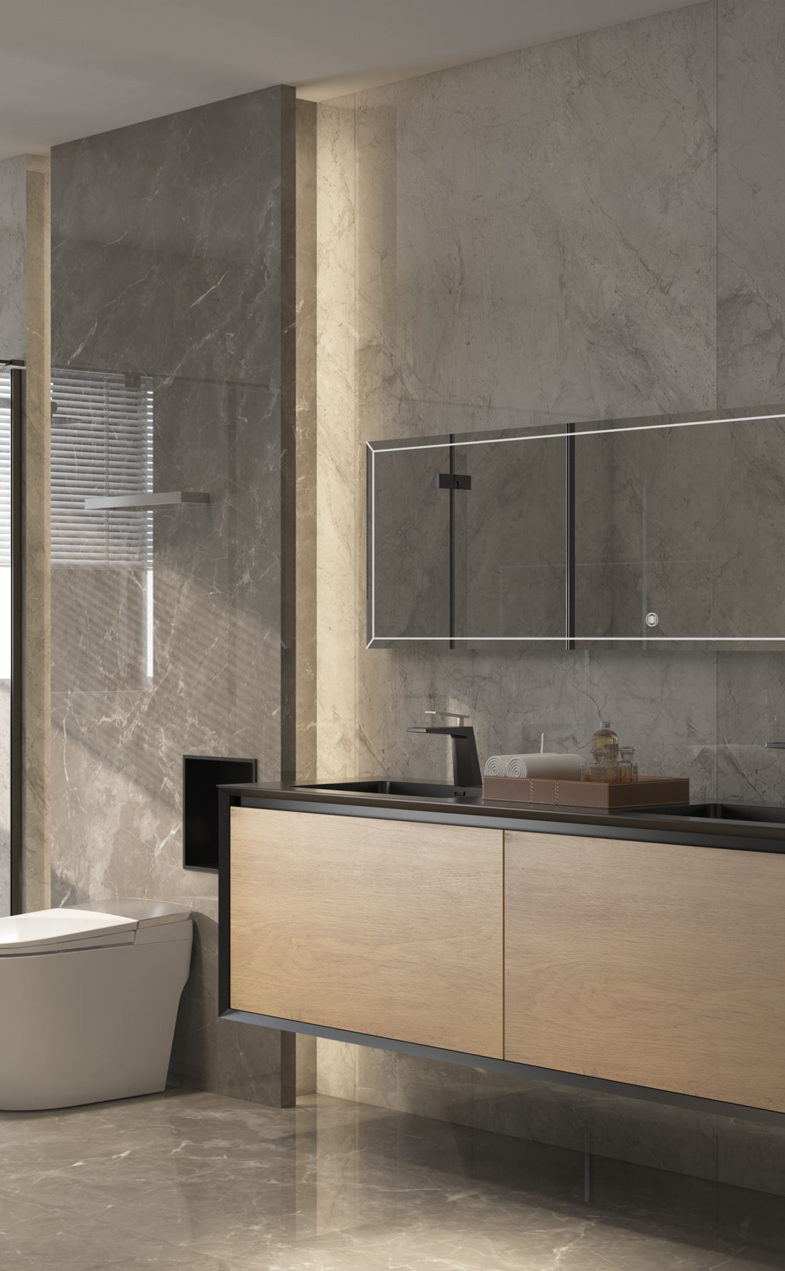 Evos Boutiques 75 in black and oak wood finish vanity staged