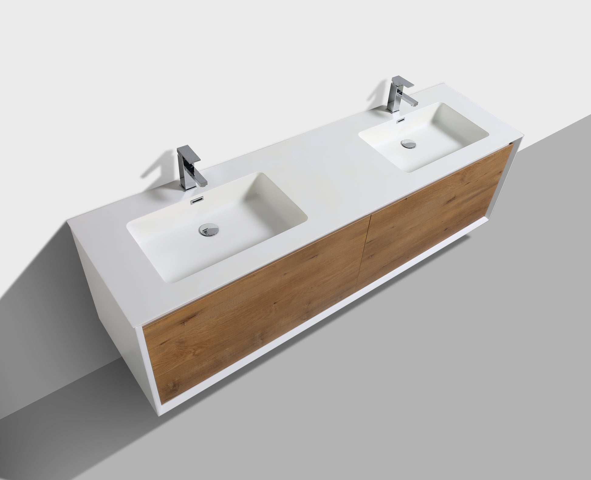 Evos Boutiques 75 in white and oak wood finish vanity looking down