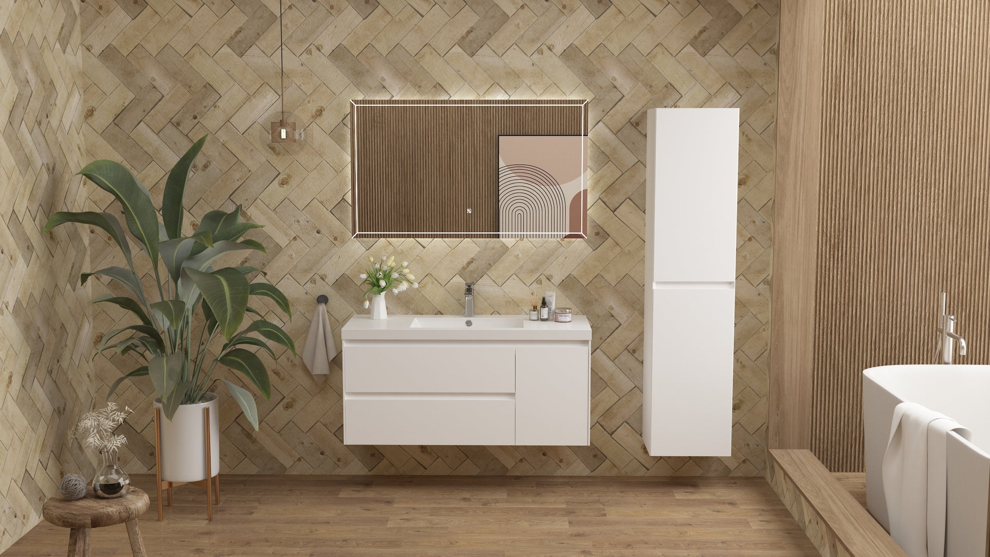 vanite simple blanc lustre installation murale flottante 