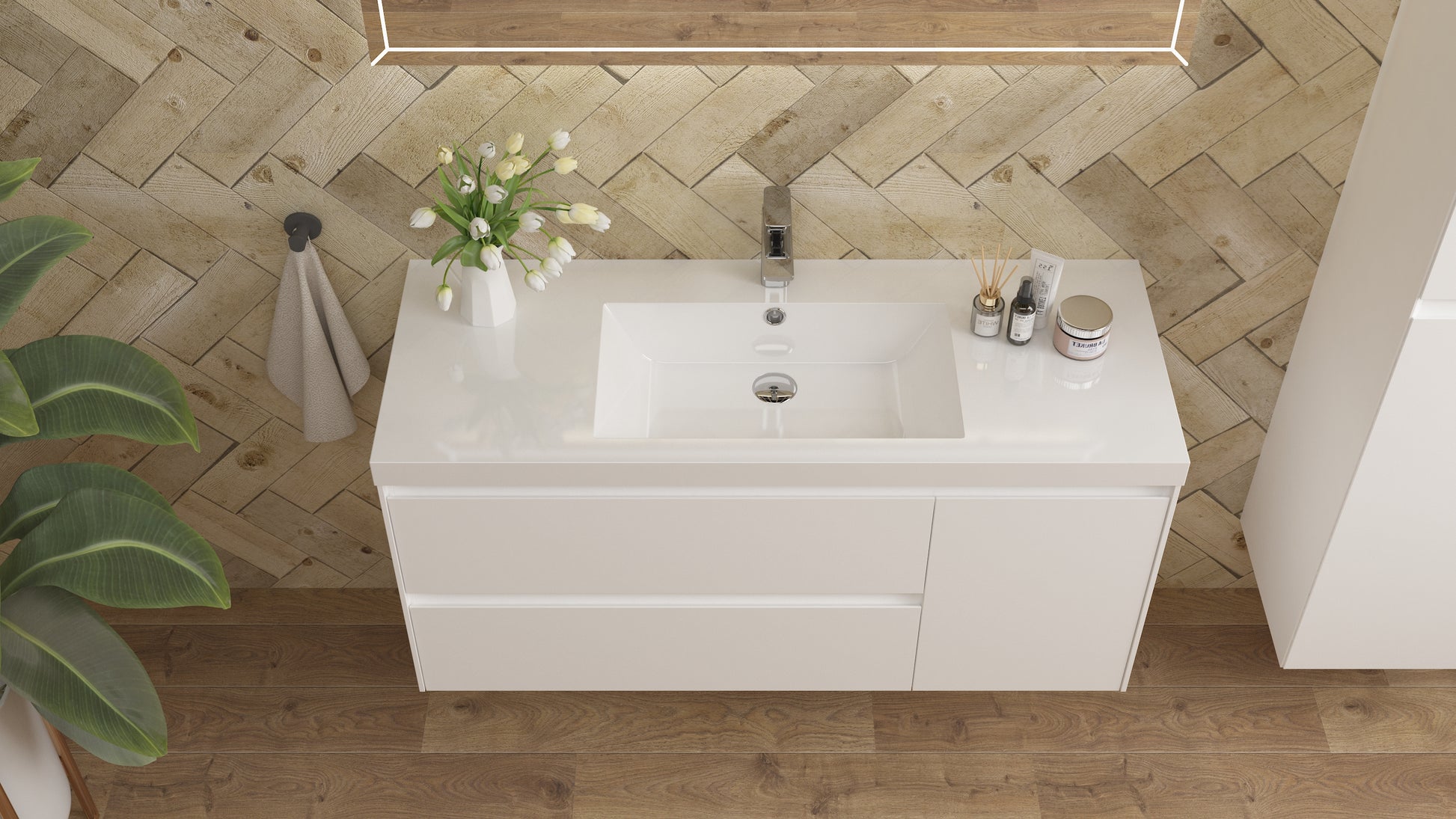 vanite simple blanc lustre installation murale flottante 