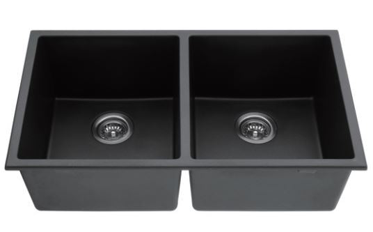 Évier de cuisine double de 32 x 18 pouces en composite de granit noir anthracite, 50/50